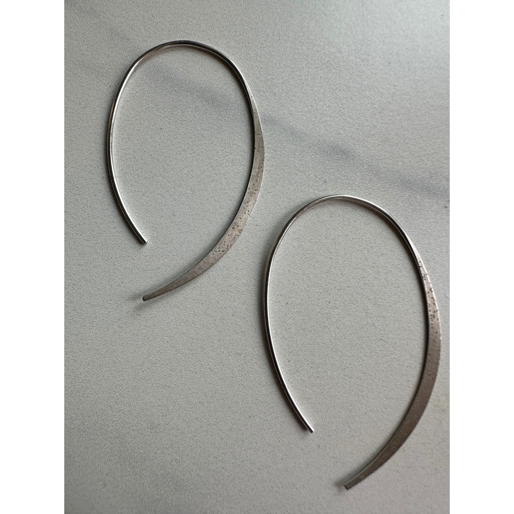KCL Sterling Silver 925 Elongated Open Hoop Textured Modernist Earrings